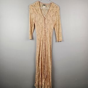 Vintage 80s Peach Button Down Lace Maxi Dress Corset Tie Back